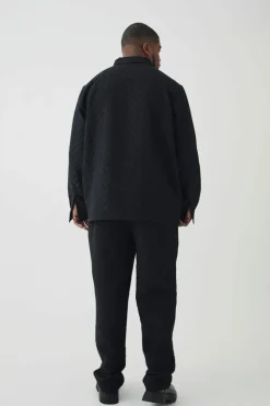 Discount boohooMAN Plus Tonal Geo Smart Zip Overshirt black
