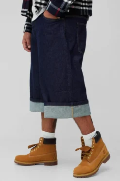 Shop boohooMAN Plus Turn Up Parachute Jorts indigo