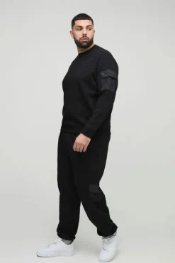Store boohooMAN Plus Twill Utility Pocket Woven Tab Jersey Tracksuit black