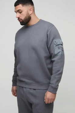 New boohooMAN Plus Utility Pocket Jersey Sweatshirt grey