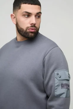 New boohooMAN Plus Utility Pocket Jersey Sweatshirt grey