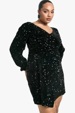 Sale boohoo Plus Velvet Sequin Swing Dress black