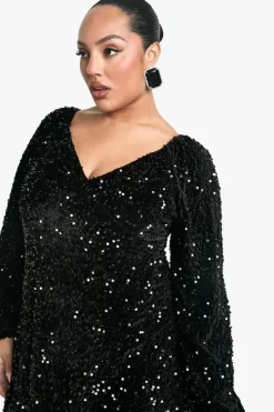 Sale boohoo Plus Velvet Sequin Swing Dress black