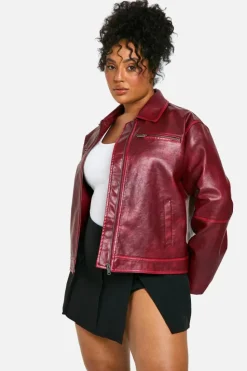 Hot boohoo Plus Vintage Look Faux Leather Zip Jacket burgundy