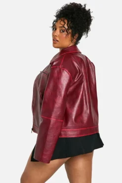 Hot boohoo Plus Vintage Look Faux Leather Zip Jacket burgundy