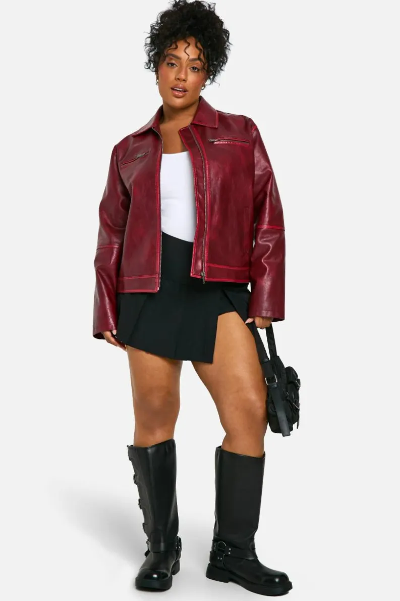 Hot boohoo Plus Vintage Look Faux Leather Zip Jacket burgundy