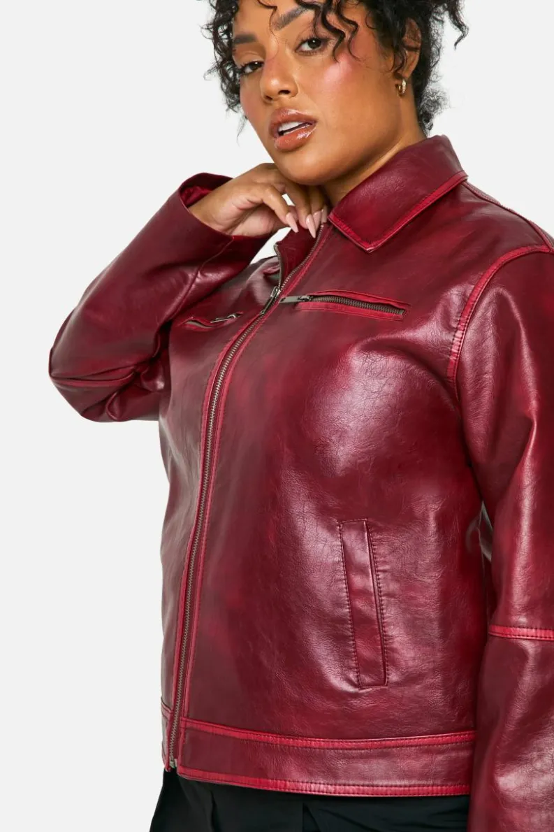 Hot boohoo Plus Vintage Look Faux Leather Zip Jacket burgundy