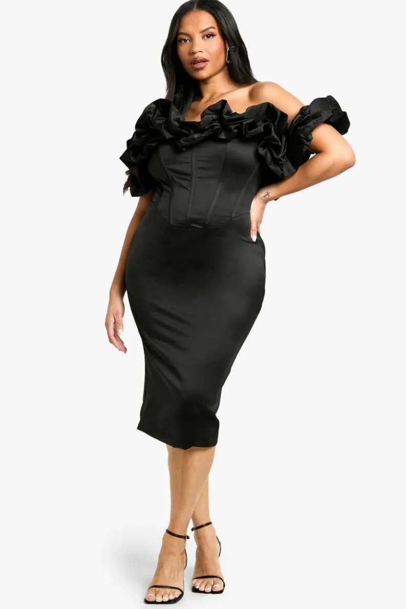 Cheap boohoo Plus Volume Off The Shoulder Midi Dress black