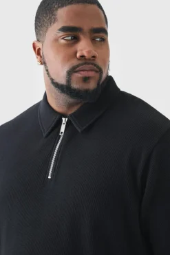 Hot boohooMAN Plus Waffle Polo black