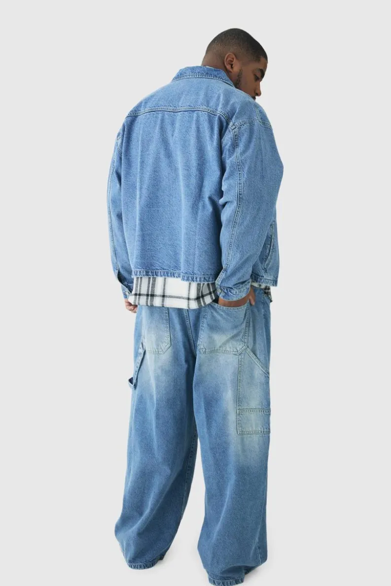 Clearance boohooMAN Plus Washed Adjustable Waist Baggy Carpenter Jeans washed blue