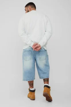 Hot boohooMAN Plus Washed Distressed Hem Jorts stonewash