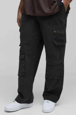 Fashion boohooMAN Plus Washed Ripstop Embroidered Relaxed Fit Cargo Trousers charcoal