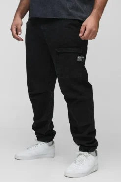 Cheap boohooMAN Plus Washed Ripstop Pleat Knee Slim Fit Cargo Trousers black