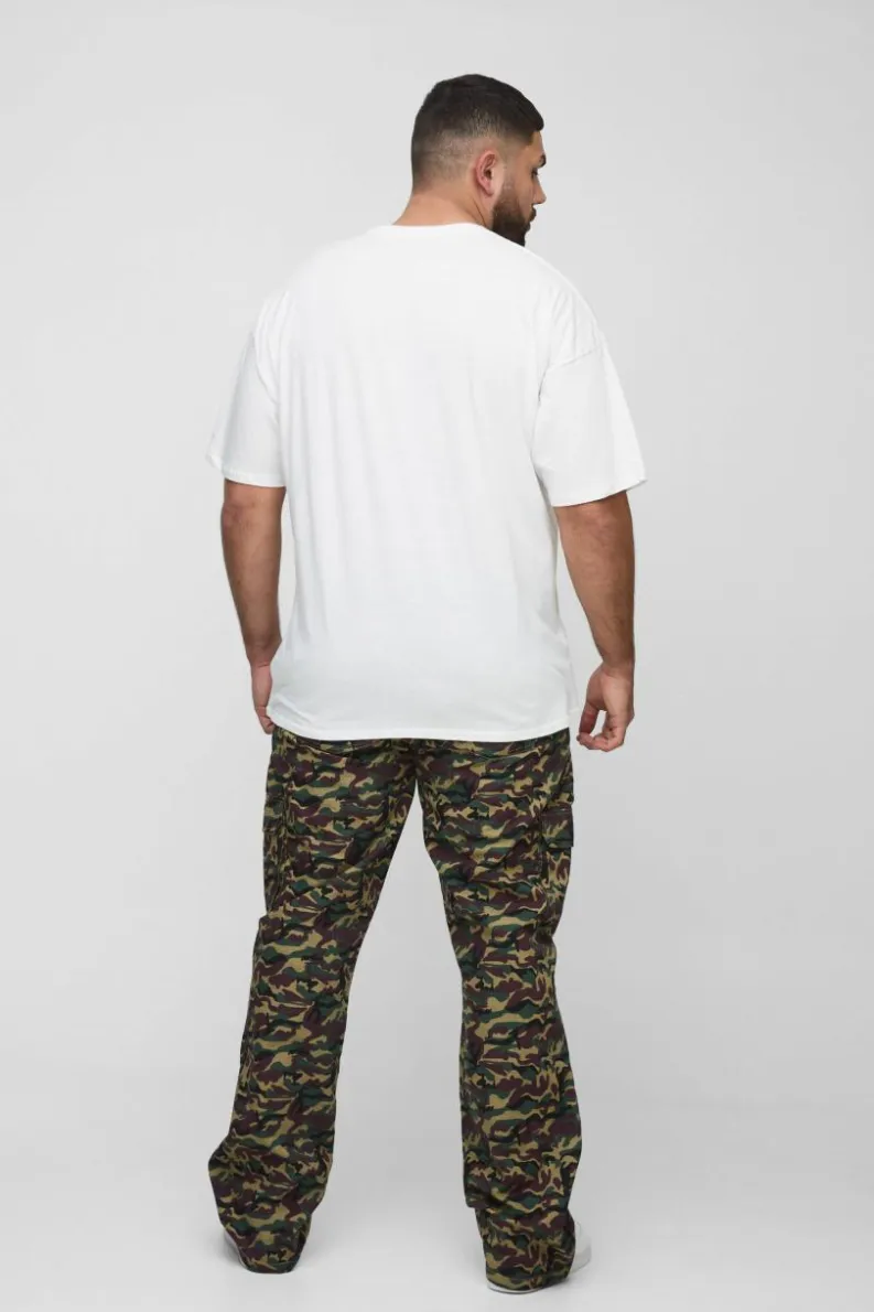 Best Sale boohooMAN Plus Washed Ripstop Stacked Zip Hem Camo Cargo Trousers khaki