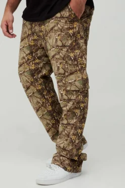 New boohooMAN Plus Washed Ripstop Stacked Zip Hem Forest Camo Cargo Trousers khaki