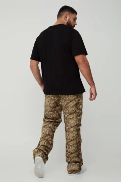 New boohooMAN Plus Washed Ripstop Stacked Zip Hem Forest Camo Cargo Trousers khaki