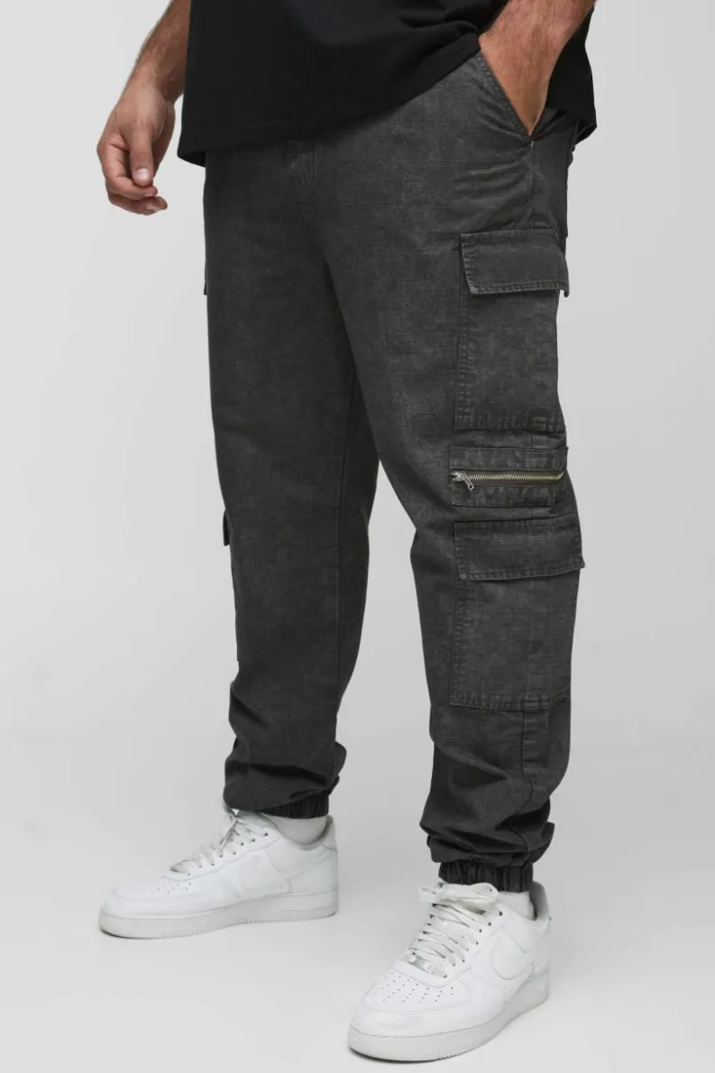 Best boohooMAN Plus Washed Ripstop Zip Detail Slim Fit Cargo Trousers charcoal