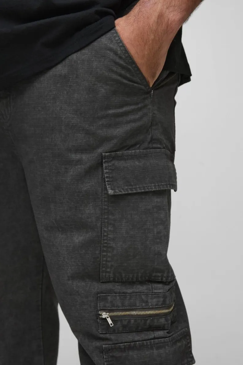 Best boohooMAN Plus Washed Ripstop Zip Detail Slim Fit Cargo Trousers charcoal