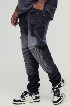 Outlet boohooMAN Plus Washed Zip Biker Distressed Skinny Jeans washed black