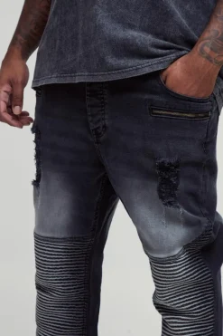 Outlet boohooMAN Plus Washed Zip Biker Distressed Skinny Jeans washed black
