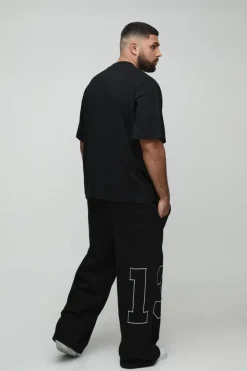 Best boohooMAN Plus Wide Leg Homme Embroidered Varsity Joggers black