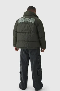 New boohooMAN Plus Worldwide Applique Funnel Neck Puffer Jacket In khaki