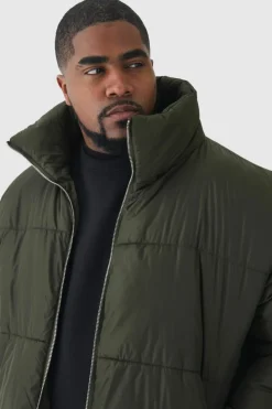 New boohooMAN Plus Worldwide Applique Funnel Neck Puffer Jacket In khaki