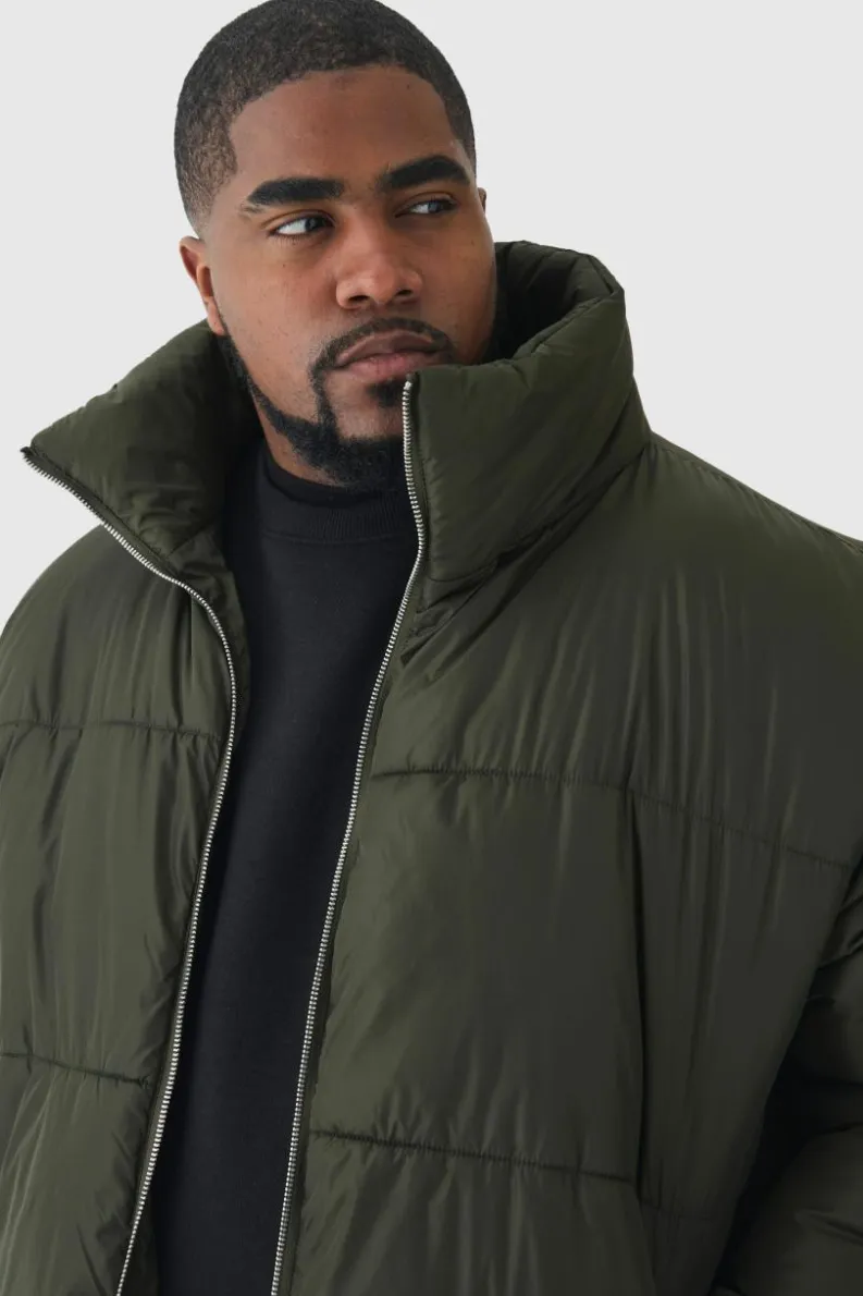 New boohooMAN Plus Worldwide Applique Funnel Neck Puffer Jacket In khaki