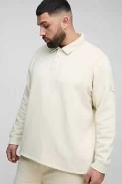 Hot boohooMAN Plus Woven Tab Rugby Polo ecru