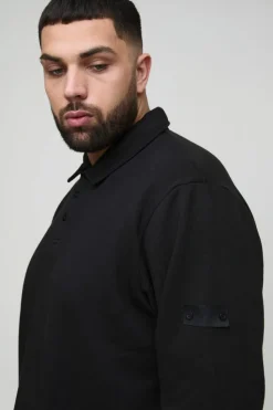 New boohooMAN Plus Woven Tab Rugby Polo black