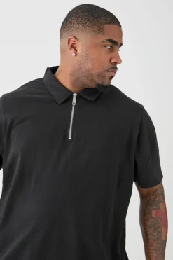 Shop boohooMAN Plus 1/4 Zip Pique Polo black
