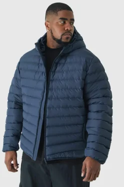 Clearance boohooMAN Plus Zip Through Hooded Puffer Jacket In navy
