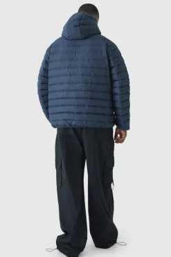 Clearance boohooMAN Plus Zip Through Hooded Puffer Jacket In navy