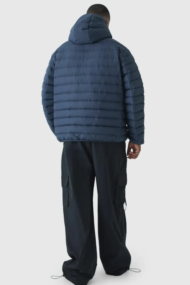 Clearance boohooMAN Plus Zip Through Hooded Puffer Jacket In navy