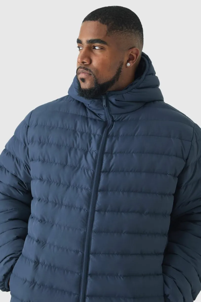 Clearance boohooMAN Plus Zip Through Hooded Puffer Jacket In navy