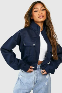 Shop boohoo Pocket Detail Bomber Jacket navy