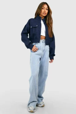 Shop boohoo Pocket Detail Bomber Jacket navy