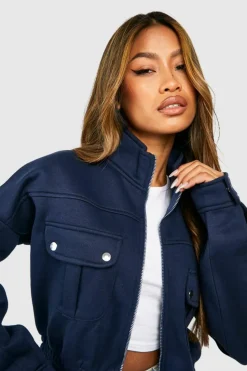 Shop boohoo Pocket Detail Bomber Jacket navy