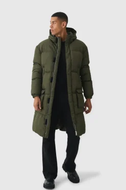 Online boohooMAN 4 Pocket Longline Hooded Puffer In khaki