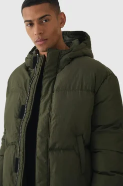 Online boohooMAN 4 Pocket Longline Hooded Puffer In khaki
