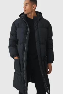Discount boohooMAN 4 Pocket Longline Hooded Puffer In black