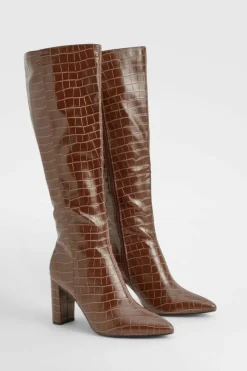Cheap boohoo Pointed Toe Croc Knee High Boots chocolate