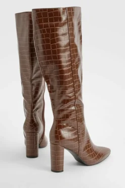 Cheap boohoo Pointed Toe Croc Knee High Boots chocolate