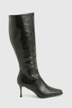 Shop boohoo Pointed Toe Heeled Knee High Boots black