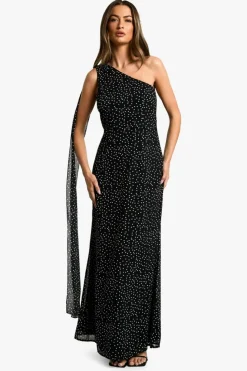 Hot boohoo Polka Dot Chiffon Drape Maxi Dress black