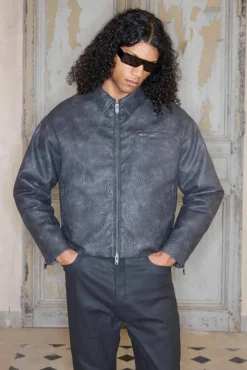 Clearance boohooMAN Premium Boxy Fit Faux Leather Harrington Jacket In charcoal
