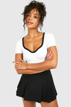 Flash Sale boohoo Premium Contrast Rib Notch Neck Short Sleeve Bodysuit white