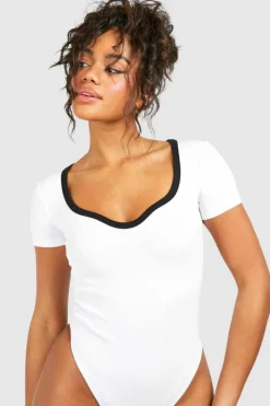 Flash Sale boohoo Premium Contrast Rib Notch Neck Short Sleeve Bodysuit white