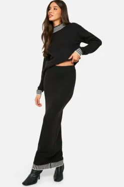 Clearance boohoo Premium Contrast Trim Jumper And Maxi Skirt Knitted Co-ord black