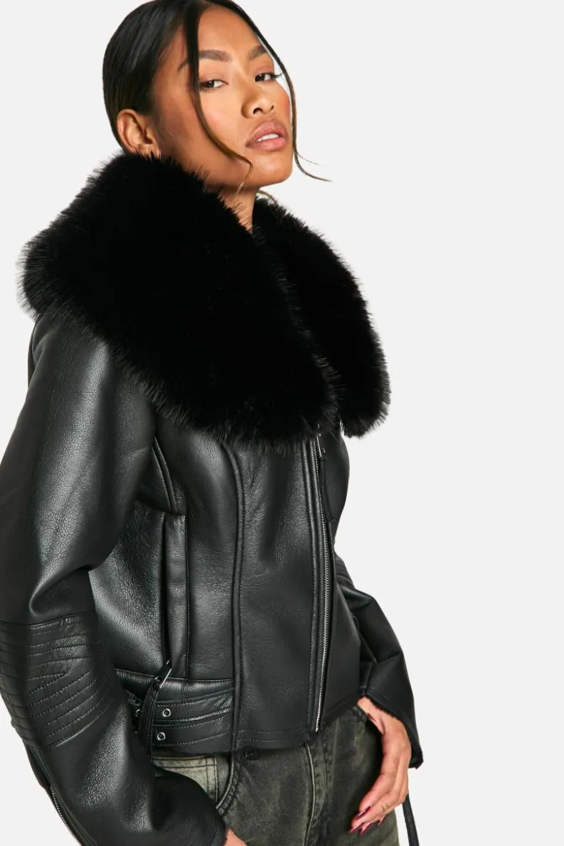 Clearance boohoo Premium Faux Fur Collar Jacket black